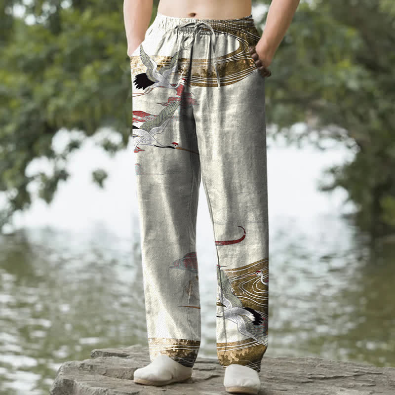 Buddha Stones Weiße, schmal zulaufende Herrenhose aus Baumwolle mit Kranich-Wellenmuster und Taschen - Beige - US/ UK/AU50, EU60 (5XL) - image 0