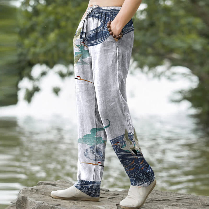 Buddha Stones Weiße, schmal zulaufende Herrenhose aus Baumwolle mit Kranich-Wellenmuster und Taschen - Minzcreme - US/ UK/AU50, EU60 (5XL) - image 5