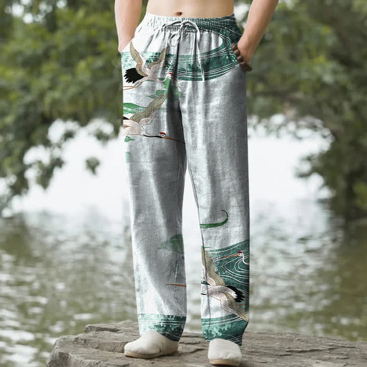 Buddha Stones Weiße, schmal zulaufende Herrenhose aus Baumwolle mit Kranich-Wellenmuster und Taschen - image 6