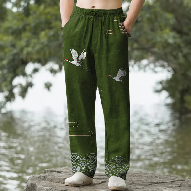 Buddha Stones Weiße, schmal zulaufende Herrenhose aus Baumwolle mit Kranich-Wellenmuster und Taschen - Olivgrün - US/ UK/AU50, EU60 (5XL) - image 4