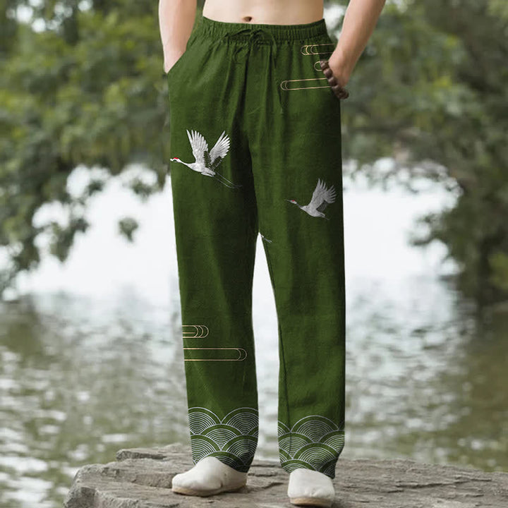 Buddha Stones Weiße, schmal zulaufende Herrenhose aus Baumwolle mit Kranich-Wellenmuster und Taschen - Olivgrün - US/ UK/AU50, EU60 (5XL) - image 4