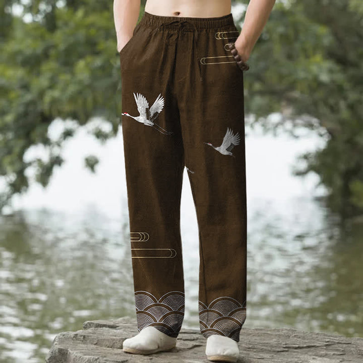Buddha Stones Weiße, schmal zulaufende Herrenhose aus Baumwolle mit Kranich-Wellenmuster und Taschen - Sattelbraun - US/ UK/AU50, EU60 (5XL) - image 6