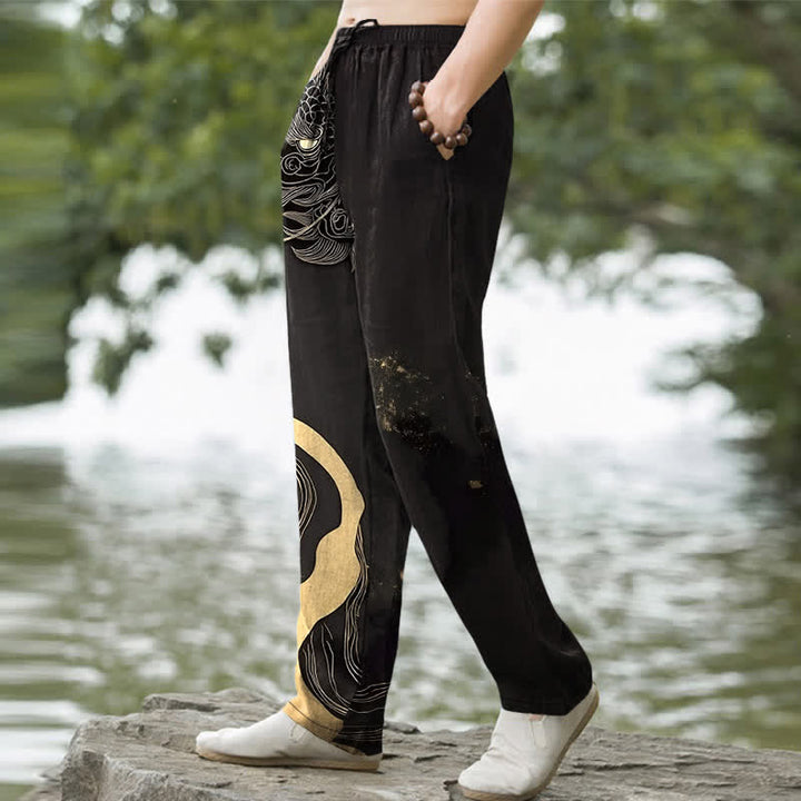 Buddha Stones Herren-Baumwollhose mit goldenem Drachenwellenmuster, schmal zulaufendem Schnitt und Taschen - image 1