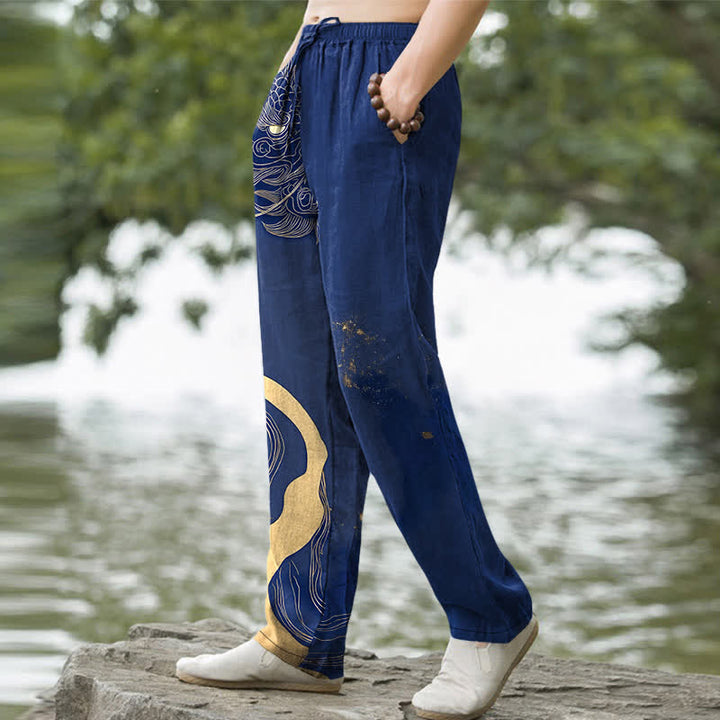 Buddha Stones Herren-Baumwollhose mit goldenem Drachenwellenmuster, schmal zulaufendem Schnitt und Taschen - image 5