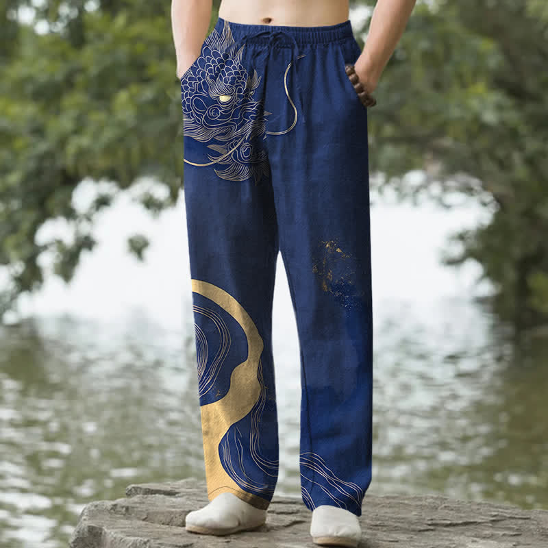 Buddha Stones Herren-Baumwollhose mit goldenem Drachenwellenmuster, schmal zulaufendem Schnitt und Taschen - Marine - US/ UK/AU50, EU60 (5XL) - image 4