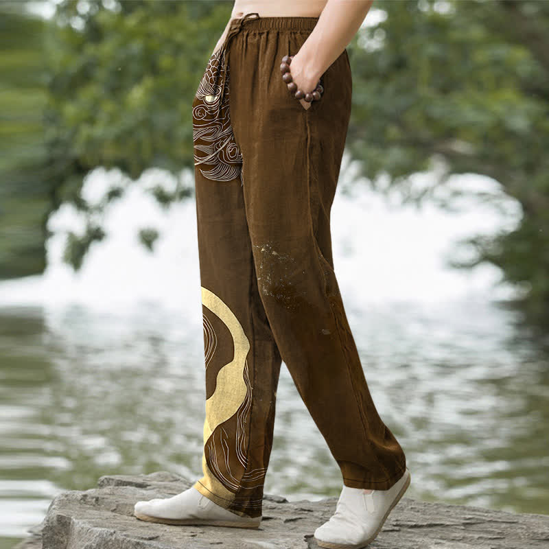 Buddha Stones Herren-Baumwollhose mit goldenem Drachenwellenmuster, schmal zulaufendem Schnitt und Taschen - image 7