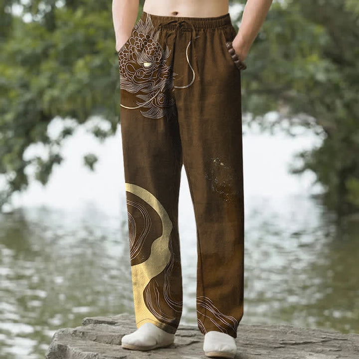 Buddha Stones Herren-Baumwollhose mit goldenem Drachenwellenmuster, schmal zulaufendem Schnitt und Taschen - Sattelbraun - US/ UK/AU50, EU60 (5XL) - image 6