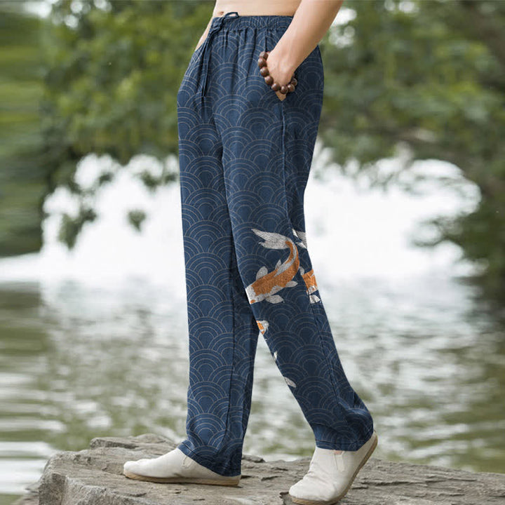 Buddha Stones Herrenhose aus Baumwolle mit Koi-Fisch-Wellenmuster, schmal zulaufend und mit Taschen - image 1