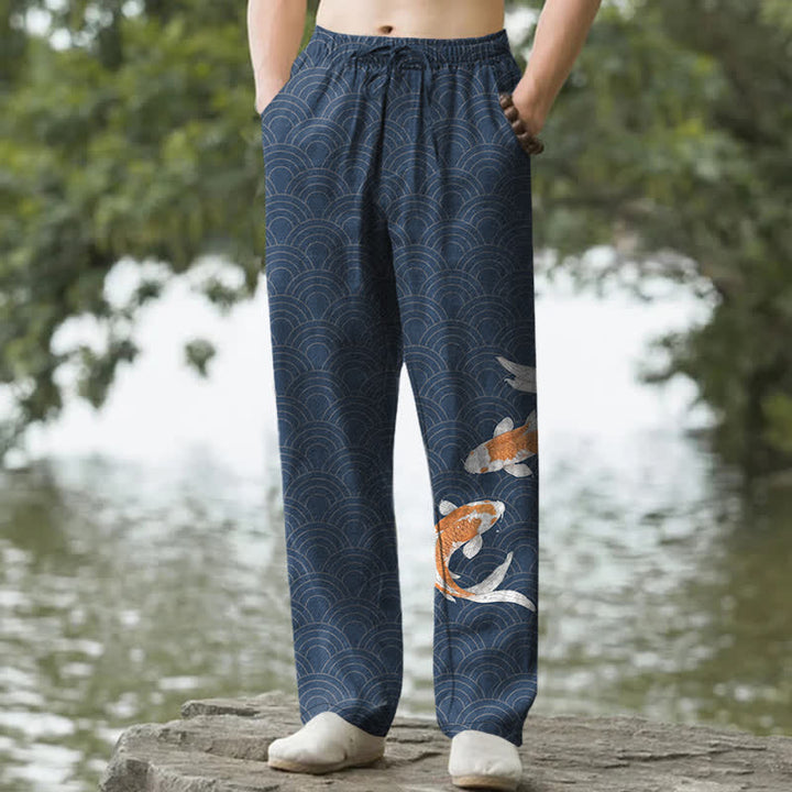 Buddha Stones Herrenhose aus Baumwolle mit Koi-Fisch-Wellenmuster, schmal zulaufend und mit Taschen - Marine - US/ UK/AU50, EU60 (5XL) - image 0