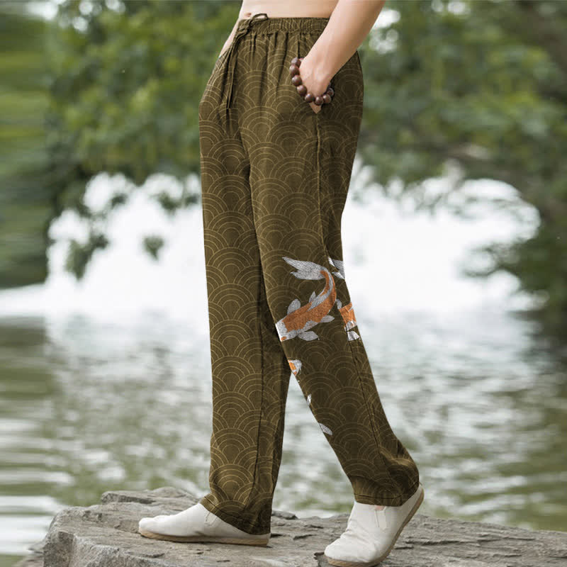 Buddha Stones Herrenhose aus Baumwolle mit Koi-Fisch-Wellenmuster, schmal zulaufend und mit Taschen - image 5