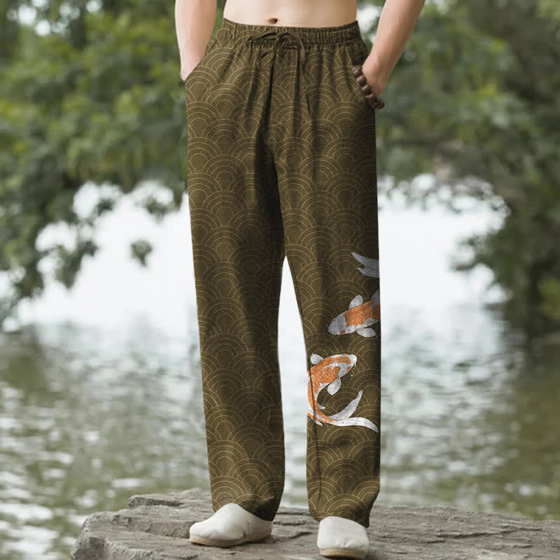 Buddha Stones Herrenhose aus Baumwolle mit Koi-Fisch-Wellenmuster, schmal zulaufend und mit Taschen - Olive - US/ UK/AU50, EU60 (5XL) - image 4