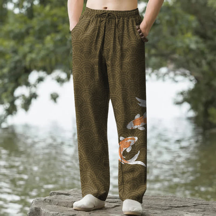 Buddha Stones Herrenhose aus Baumwolle mit Koi-Fisch-Wellenmuster, schmal zulaufend und mit Taschen - Olive - US/ UK/AU50, EU60 (5XL) - image 4
