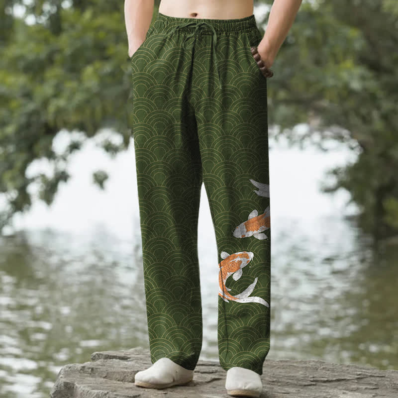 Buddha Stones Herrenhose aus Baumwolle mit Koi-Fisch-Wellenmuster, schmal zulaufend und mit Taschen - Waldgrün - US/ UK/AU50, EU60 (5XL) - image 6