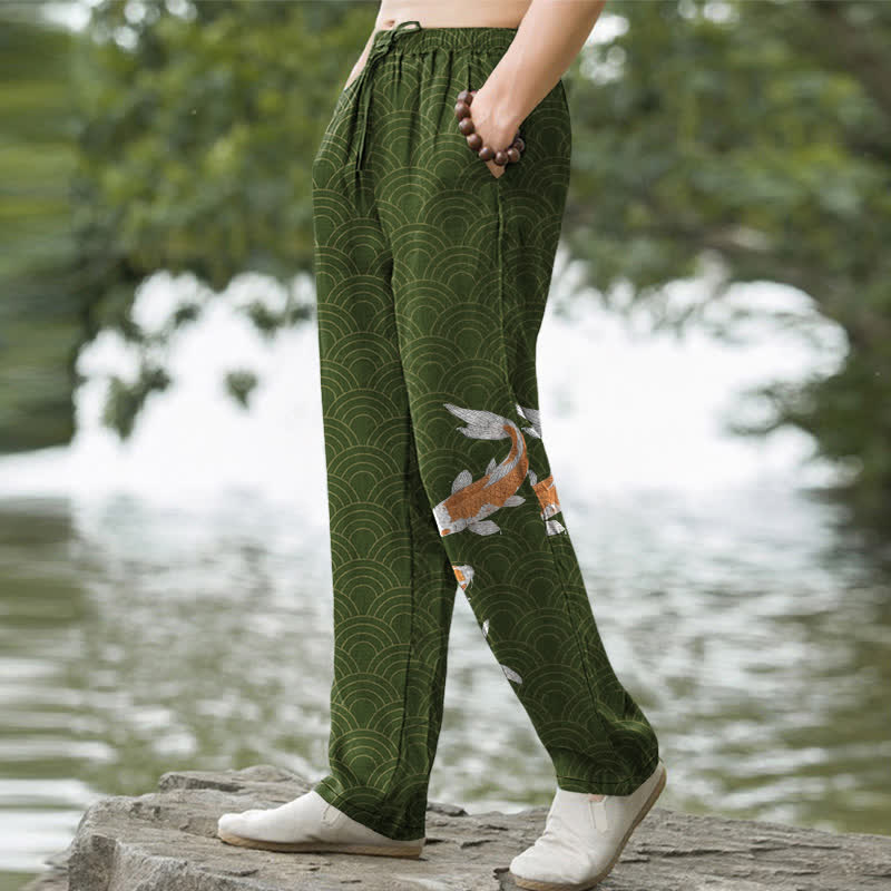 Buddha Stones Herrenhose aus Baumwolle mit Koi-Fisch-Wellenmuster, schmal zulaufend und mit Taschen - image 7