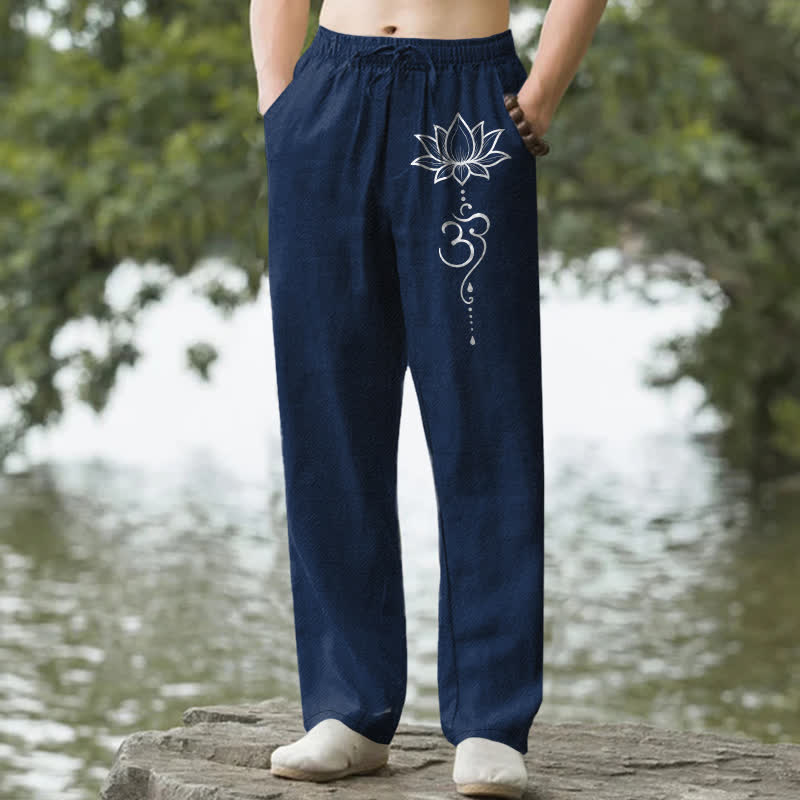 Buddha Stones Herrenhose aus Baumwolle mit Lotus-Om-Muster, schmal zulaufend und mit Taschen - Marine - US/ UK/AU50, EU60 (5XL) - image 0
