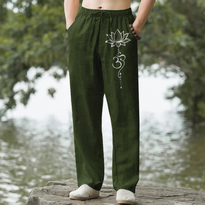 Buddha Stones Herrenhose aus Baumwolle mit Lotus-Om-Muster, schmal zulaufend und mit Taschen - Dunkelolivgrün - US/ UK/AU50, EU60 (5XL) - image 4