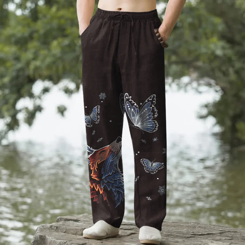 Buddha Stones Herrenhose aus Baumwolle mit Schmetterlings- und Fuchsmuster, schmal zulaufend und mit Taschen - Braun - US/ UK/AU50, EU60 (5XL) - image 0