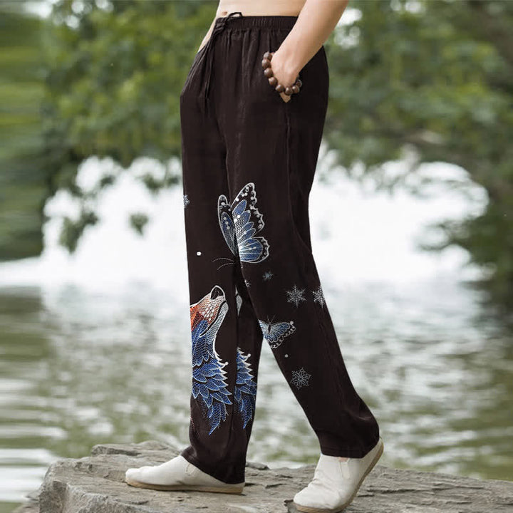 Buddha Stones Herrenhose aus Baumwolle mit Schmetterlings- und Fuchsmuster, schmal zulaufend und mit Taschen - image 1