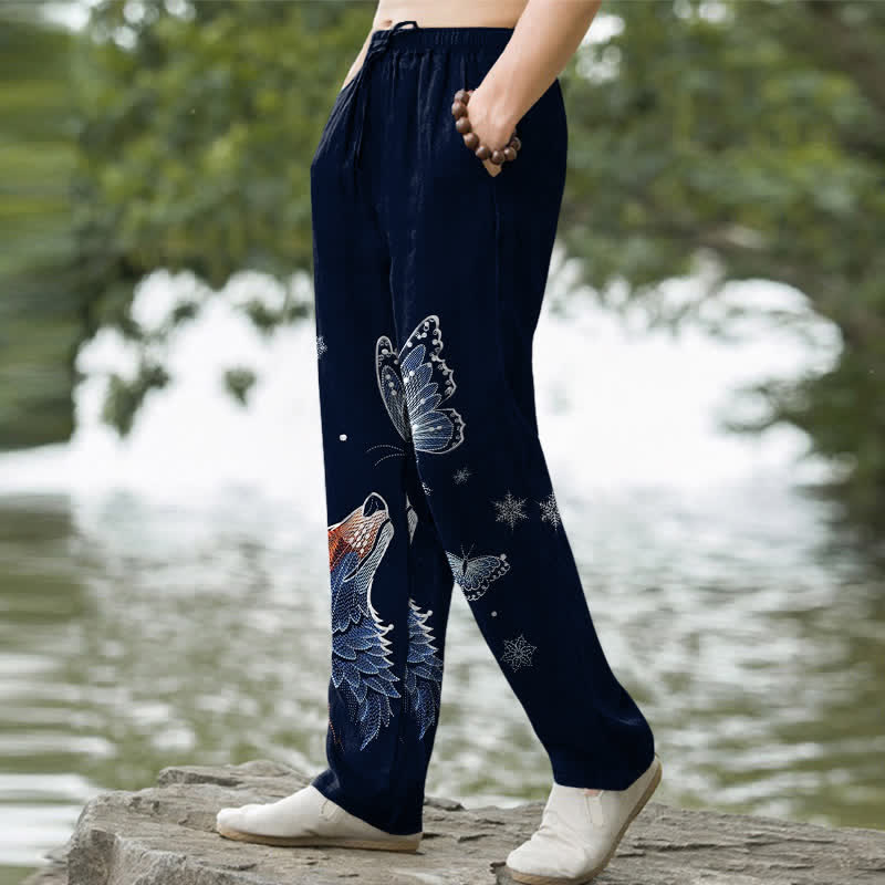 Buddha Stones Herrenhose aus Baumwolle mit Schmetterlings- und Fuchsmuster, schmal zulaufend und mit Taschen - image 5