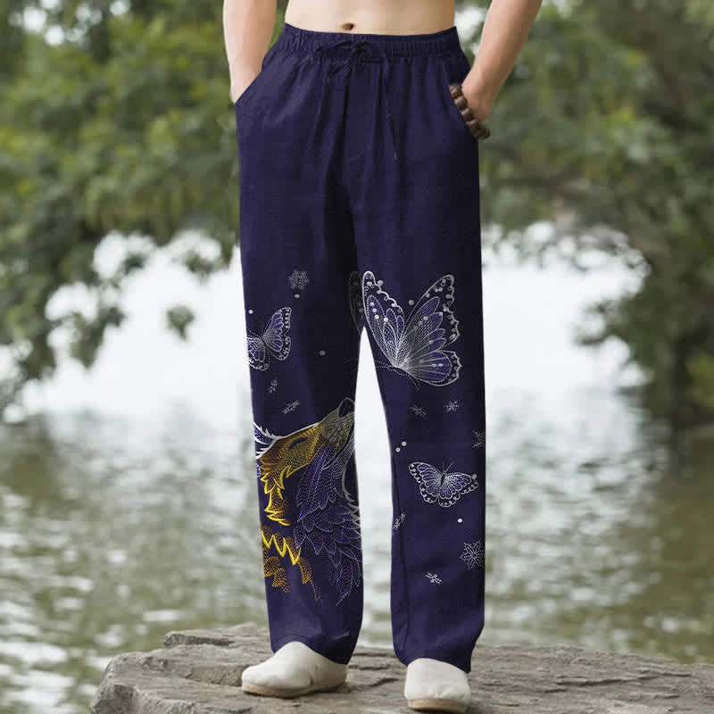 Buddha Stones Herrenhose aus Baumwolle mit Schmetterlings- und Fuchsmuster, schmal zulaufend und mit Taschen - Mitternachtsblau - US/ UK/AU50, EU60 (5XL) - image 6