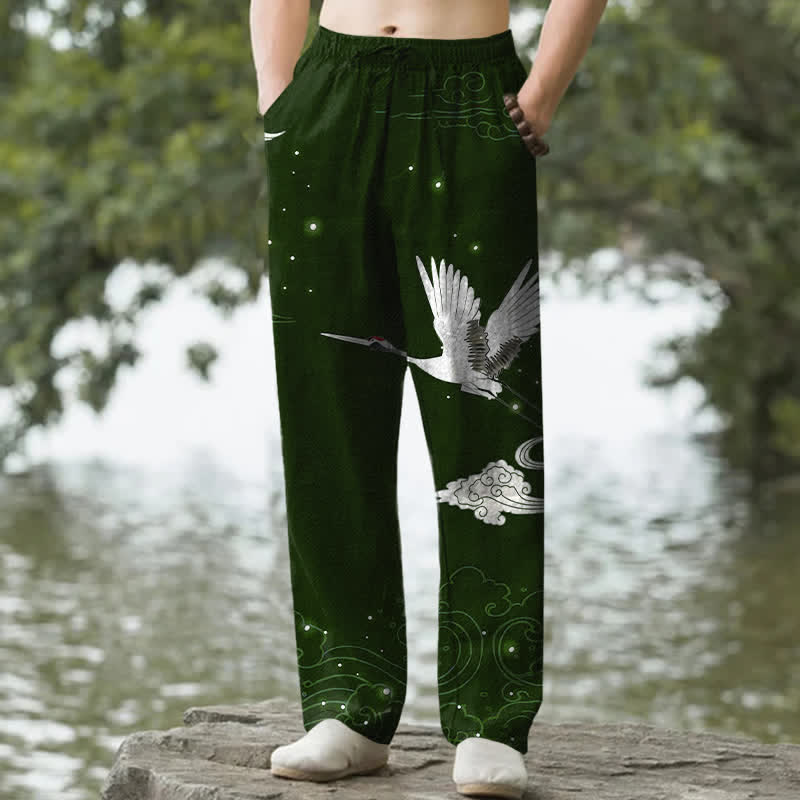 Buddha Stones Baumwollhose für Herren mit fliegendem weißen Kranichmuster und weißen Wellen, schmal zulaufend und mit Taschen - Dunkelgrün - US/ UK/AU50, EU60 (5XL) - image 0