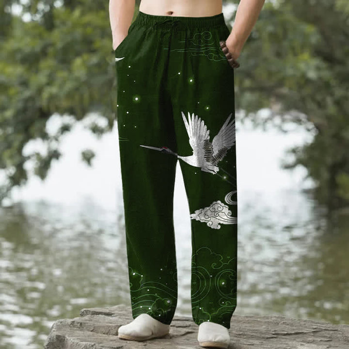 Buddha Stones Baumwollhose für Herren mit fliegendem weißen Kranichmuster und weißen Wellen, schmal zulaufend und mit Taschen - Dunkelgrün - US/ UK/AU50, EU60 (5XL) - image 0