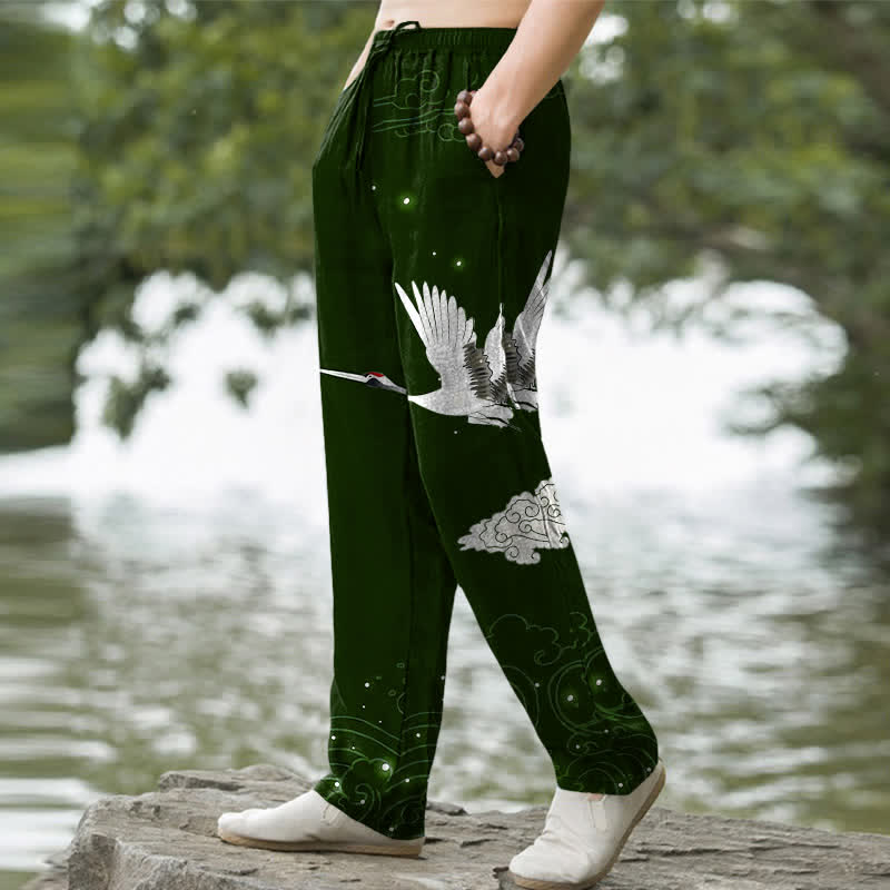 Buddha Stones Baumwollhose für Herren mit fliegendem weißen Kranichmuster und weißen Wellen, schmal zulaufend und mit Taschen - image 1
