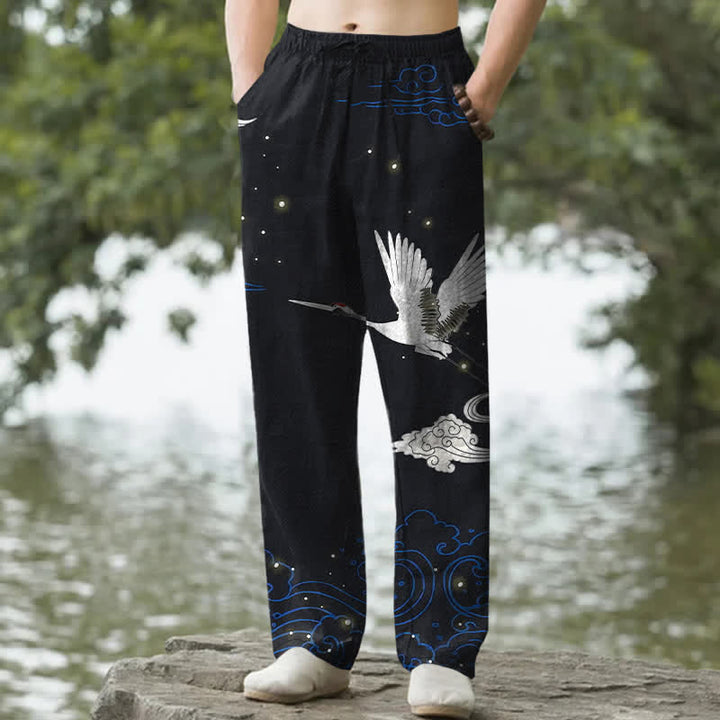 Buddha Stones Baumwollhose für Herren mit fliegendem weißen Kranichmuster und weißen Wellen, schmal zulaufend und mit Taschen - Schwarz - US/ UK/AU50, EU60 (5XL) - image 4