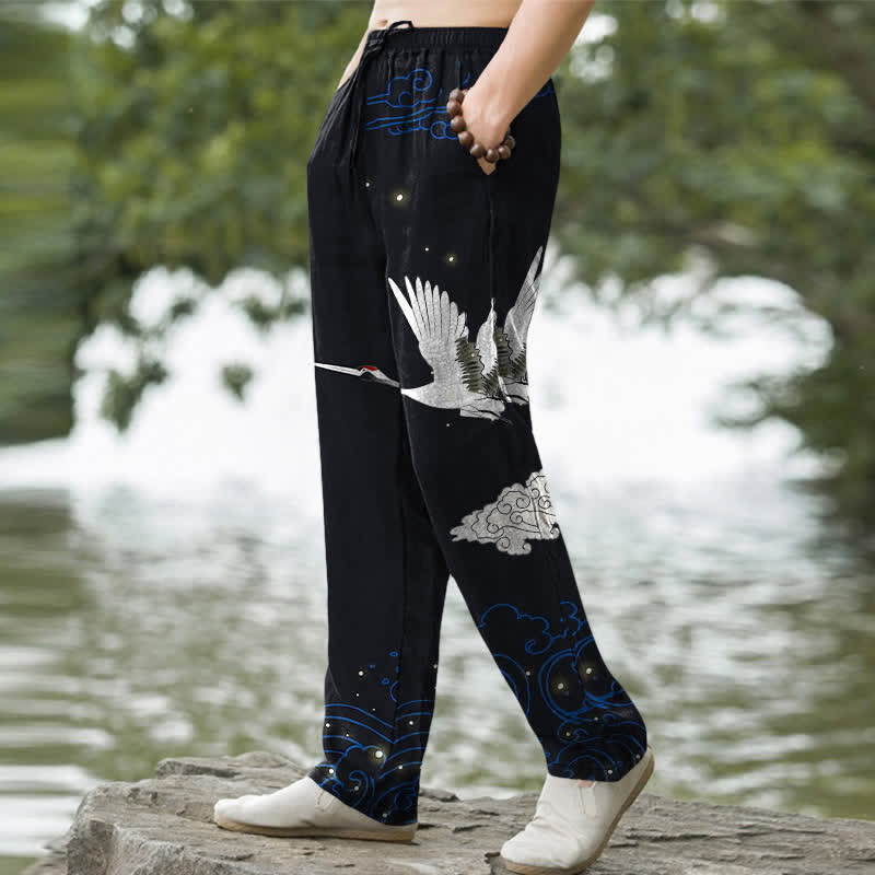Buddha Stones Baumwollhose für Herren mit fliegendem weißen Kranichmuster und weißen Wellen, schmal zulaufend und mit Taschen - image 5
