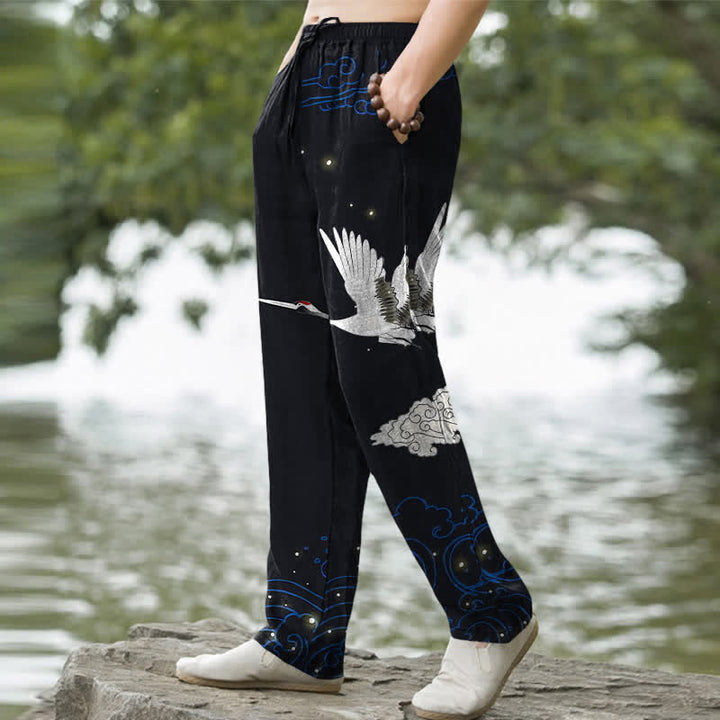 Buddha Stones Baumwollhose für Herren mit fliegendem weißen Kranichmuster und weißen Wellen, schmal zulaufend und mit Taschen - image 5