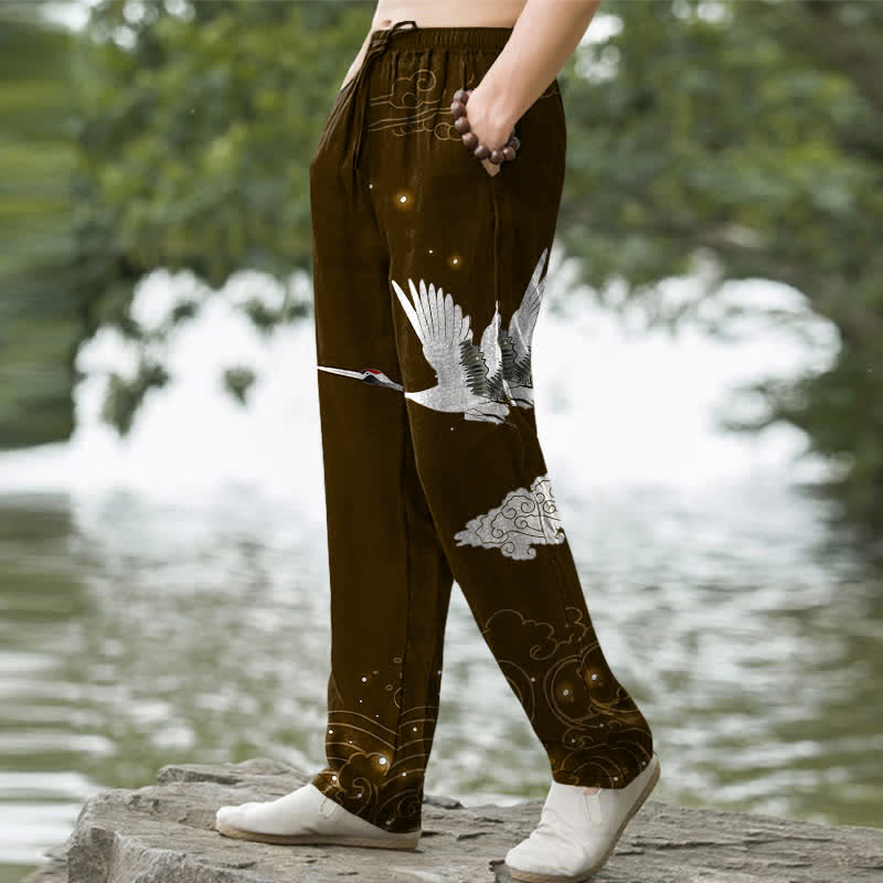 Buddha Stones Baumwollhose für Herren mit fliegendem weißen Kranichmuster und weißen Wellen, schmal zulaufend und mit Taschen - image 7