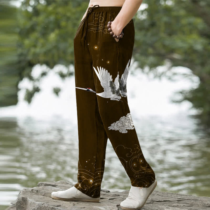 Buddha Stones Baumwollhose für Herren mit fliegendem weißen Kranichmuster und weißen Wellen, schmal zulaufend und mit Taschen - image 7