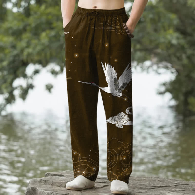 Buddha Stones Baumwollhose für Herren mit fliegendem weißen Kranichmuster und weißen Wellen, schmal zulaufend und mit Taschen - Sattelbraun - US/ UK/AU50, EU60 (5XL) - image 6