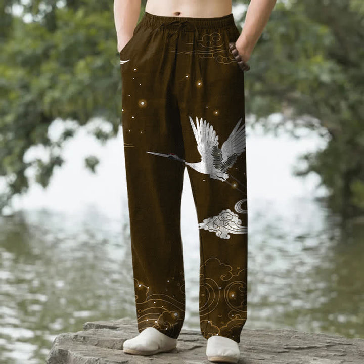 Buddha Stones Baumwollhose für Herren mit fliegendem weißen Kranichmuster und weißen Wellen, schmal zulaufend und mit Taschen - Sattelbraun - US/ UK/AU50, EU60 (5XL) - image 6