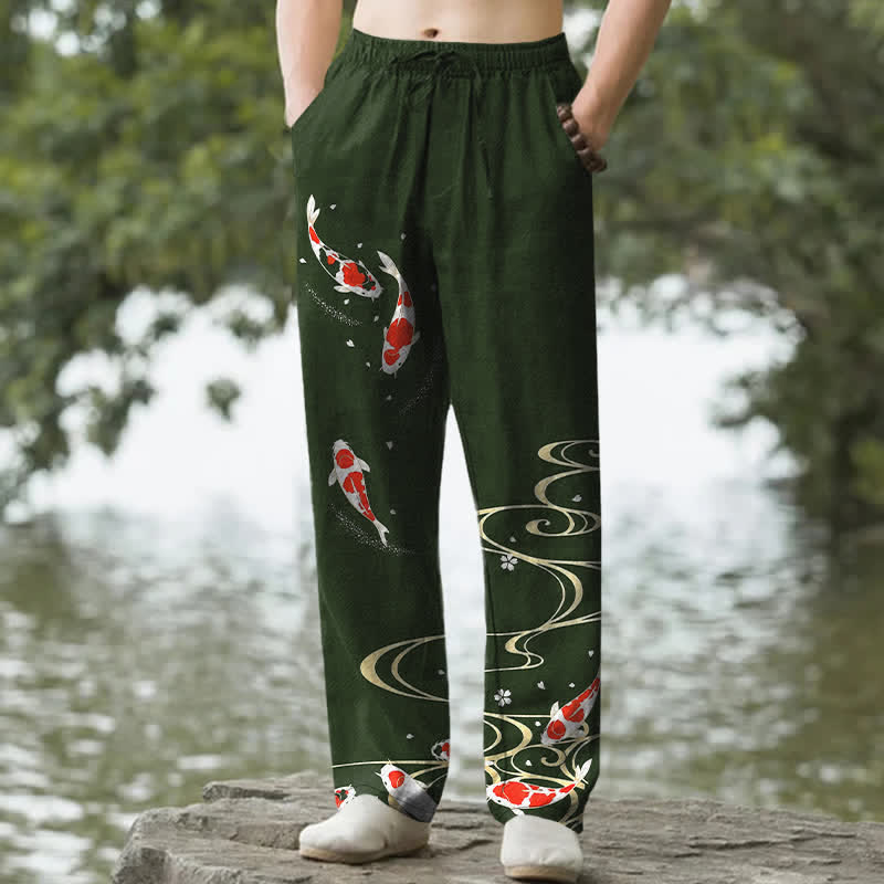 Buddha Stones Herrenhose aus Baumwolle mit rot-weißem Koi-Fisch- und Wasserwellenmuster, schmal zulaufend und mit Taschen - Dunkelgrün - US/ UK/AU50, EU60 (5XL) - image 0