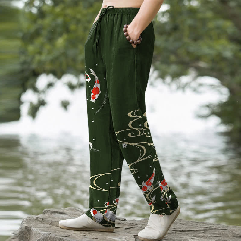 Buddha Stones Herrenhose aus Baumwolle mit rot-weißem Koi-Fisch- und Wasserwellenmuster, schmal zulaufend und mit Taschen - image 1