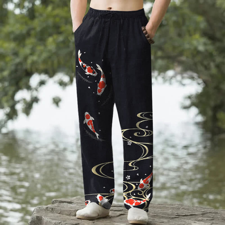 Buddha Stones Herrenhose aus Baumwolle mit rot-weißem Koi-Fisch- und Wasserwellenmuster, schmal zulaufend und mit Taschen - Schwarz - US/ UK/AU50, EU60 (5XL) - image 4