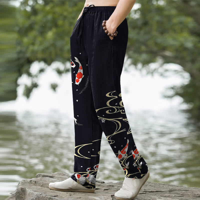Buddha Stones Herrenhose aus Baumwolle mit rot-weißem Koi-Fisch- und Wasserwellenmuster, schmal zulaufend und mit Taschen - image 5