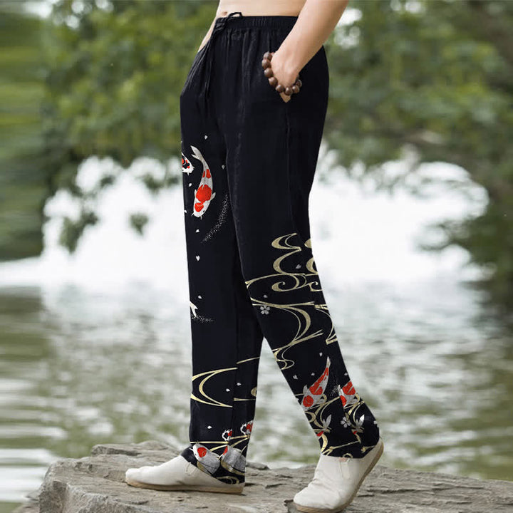 Buddha Stones Herrenhose aus Baumwolle mit rot-weißem Koi-Fisch- und Wasserwellenmuster, schmal zulaufend und mit Taschen - image 5