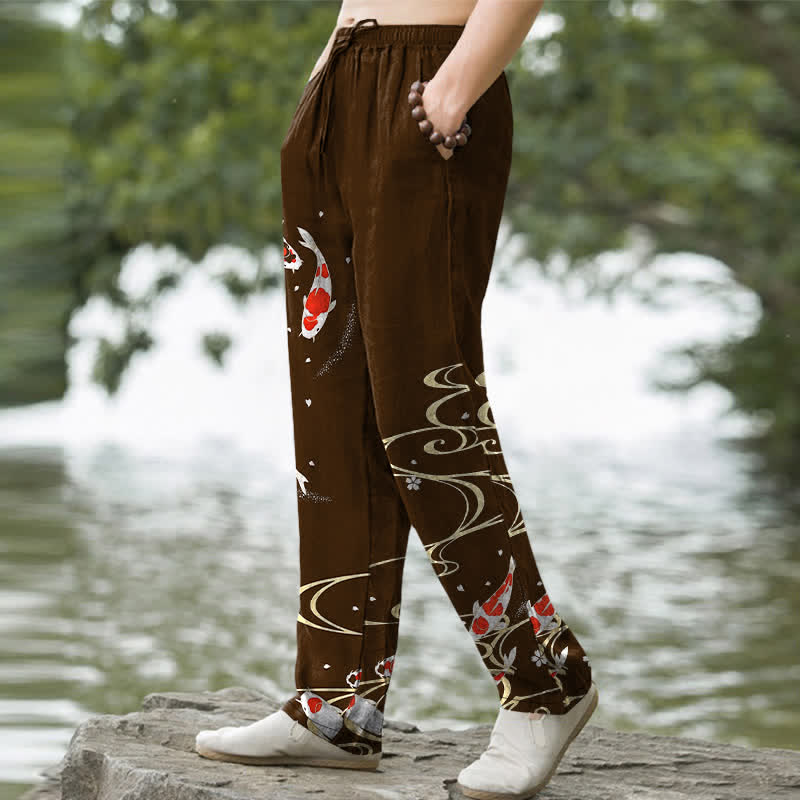 Buddha Stones Herrenhose aus Baumwolle mit rot-weißem Koi-Fisch- und Wasserwellenmuster, schmal zulaufend und mit Taschen - image 7