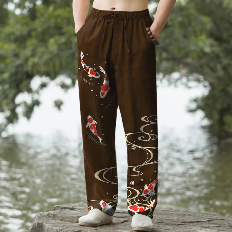 Buddha Stones Herrenhose aus Baumwolle mit rot-weißem Koi-Fisch- und Wasserwellenmuster, schmal zulaufend und mit Taschen - Sattelbraun - US/ UK/AU50, EU60 (5XL) - image 6