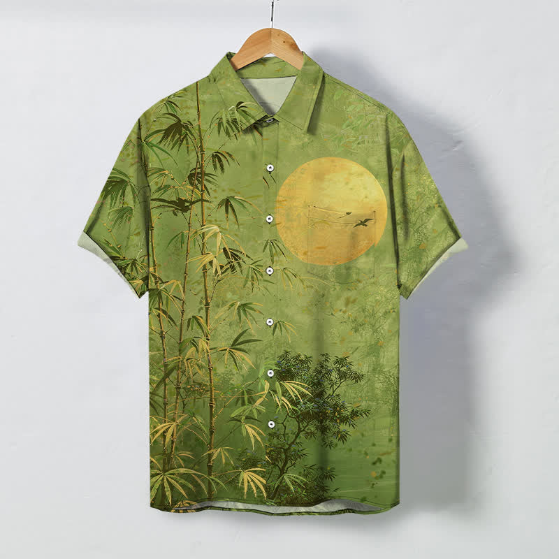 Buddha Stones Atmungsaktives Herren-Kurzarmhemd mit Bambus-Mondvogel-Muster und Knöpfen - Olivgrün - US/ UK/AU48, EU58 (4XL) - image 7