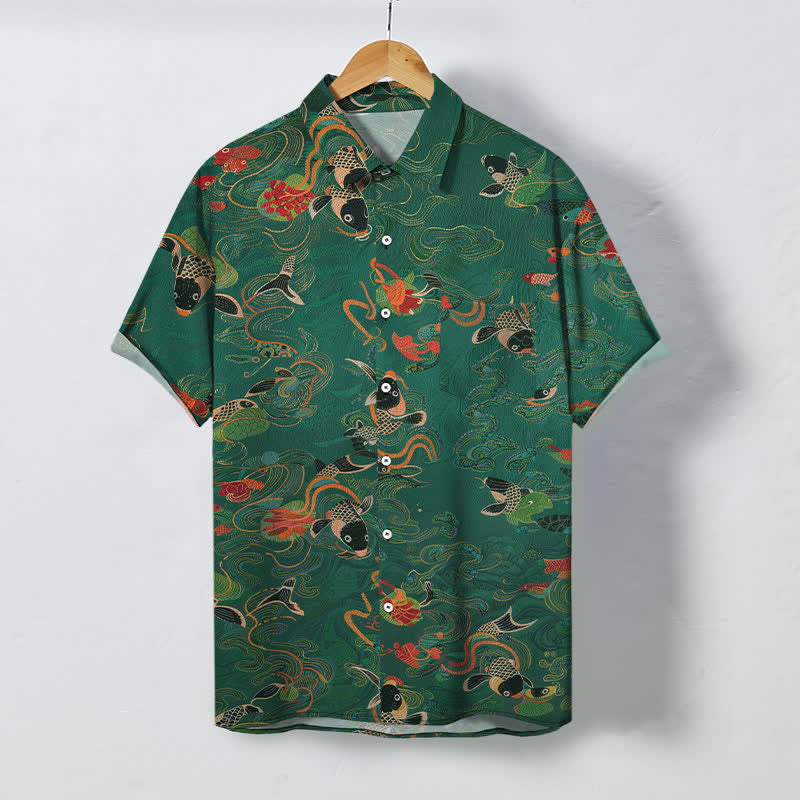 Buddha Stones Herren-Kurzarmhemd mit Koi-Fisch-, Wellen- und Wolkenmuster, Knöpfen, atmungsaktiv - SeaGreen - US/ UK/AU48, EU58 (4XL) - image 0