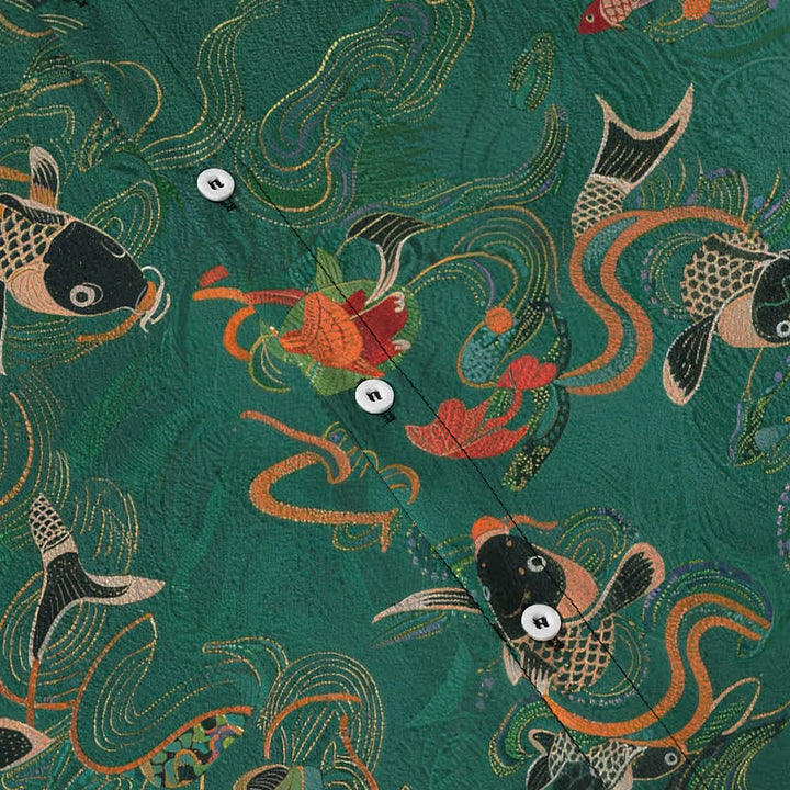 Buddha Stones Herren-Kurzarmhemd mit Koi-Fisch-, Wellen- und Wolkenmuster, Knöpfen, atmungsaktiv - image 3