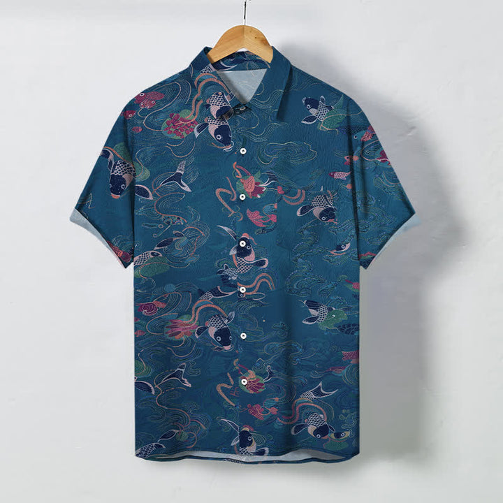 Buddha Stones Herren-Kurzarmhemd mit Koi-Fisch-, Wellen- und Wolkenmuster, Knöpfen, atmungsaktiv - SteelBlue - US/ UK/AU48, EU58 (4XL) - image 5
