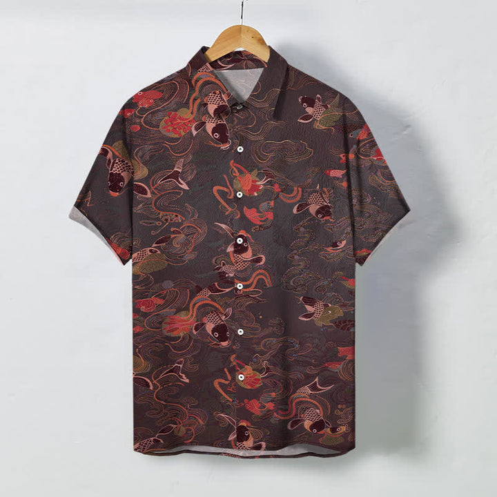 Buddha Stones Herren-Kurzarmhemd mit Koi-Fisch-, Wellen- und Wolkenmuster, Knöpfen, atmungsaktiv - Kastanienbraun - US/ UK/AU48, EU58 (4XL) - image 7