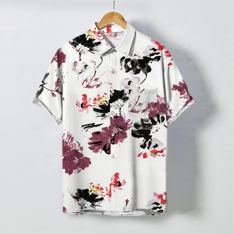 Buddha Stones Atmungsaktives Herren-Kurzarmhemd mit Aquarell-Blumenmuster und Knöpfen - Weiß - US/ UK/AU48, EU58 (4XL) - image 0