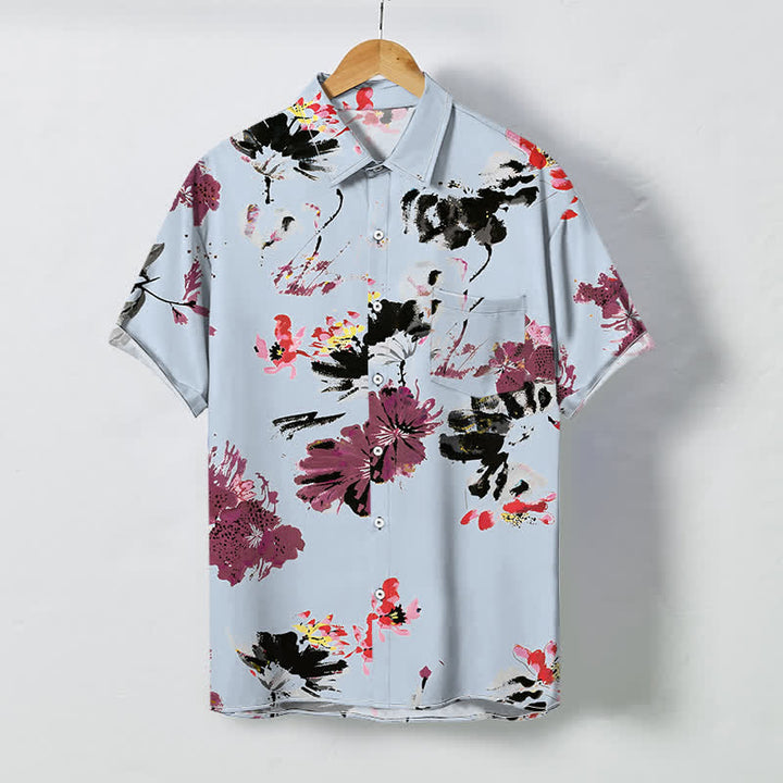 Buddha Stones Atmungsaktives Herren-Kurzarmhemd mit Aquarell-Blumenmuster und Knöpfen - Hellblau - US/ UK/AU48, EU58 (4XL) - image 3