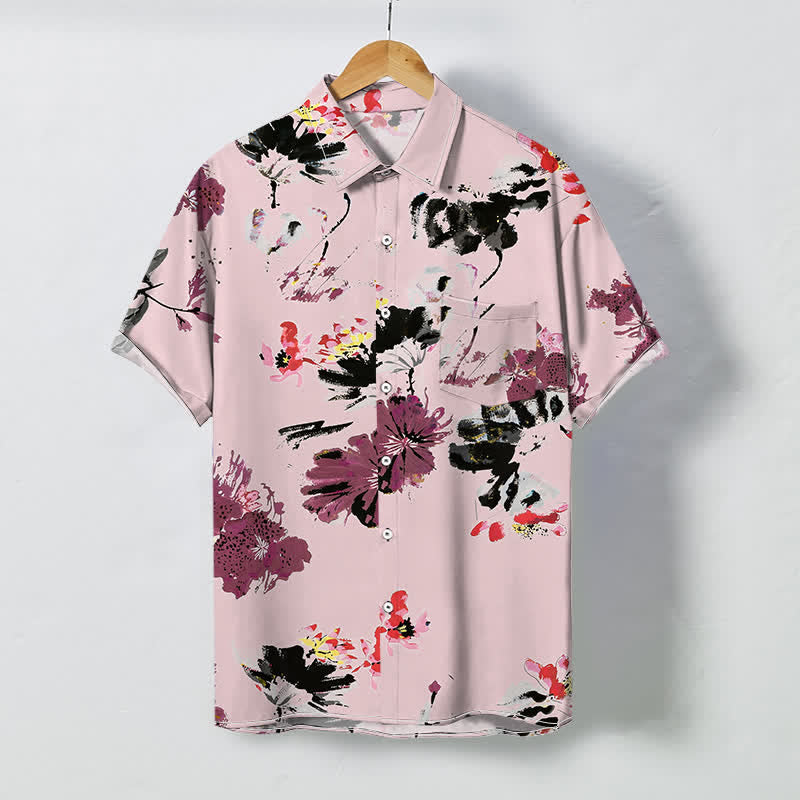 Buddha Stones Atmungsaktives Herren-Kurzarmhemd mit Aquarell-Blumenmuster und Knöpfen - Hellrosa - US/ UK/AU48, EU58 (4XL) - image 5