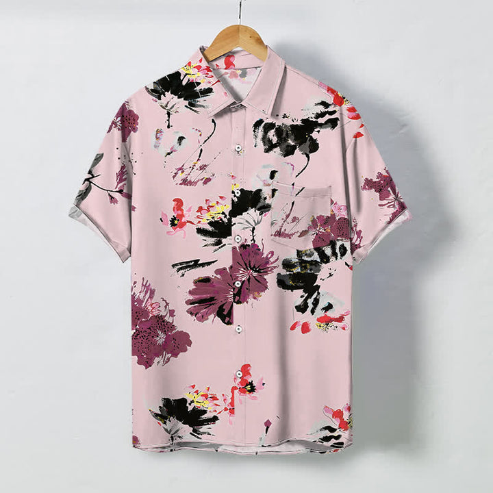 Buddha Stones Atmungsaktives Herren-Kurzarmhemd mit Aquarell-Blumenmuster und Knöpfen - Hellrosa - US/ UK/AU48, EU58 (4XL) - image 5